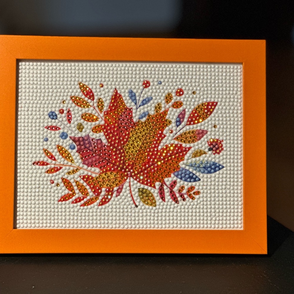 Colorful Leaf Embroidery Art in Orange Frame Completed diamond art Leaves